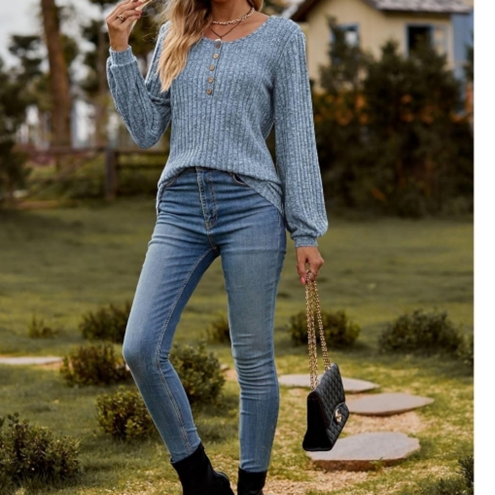 Blue Ribbed Long Sleeve Top - Picture 2 of 10